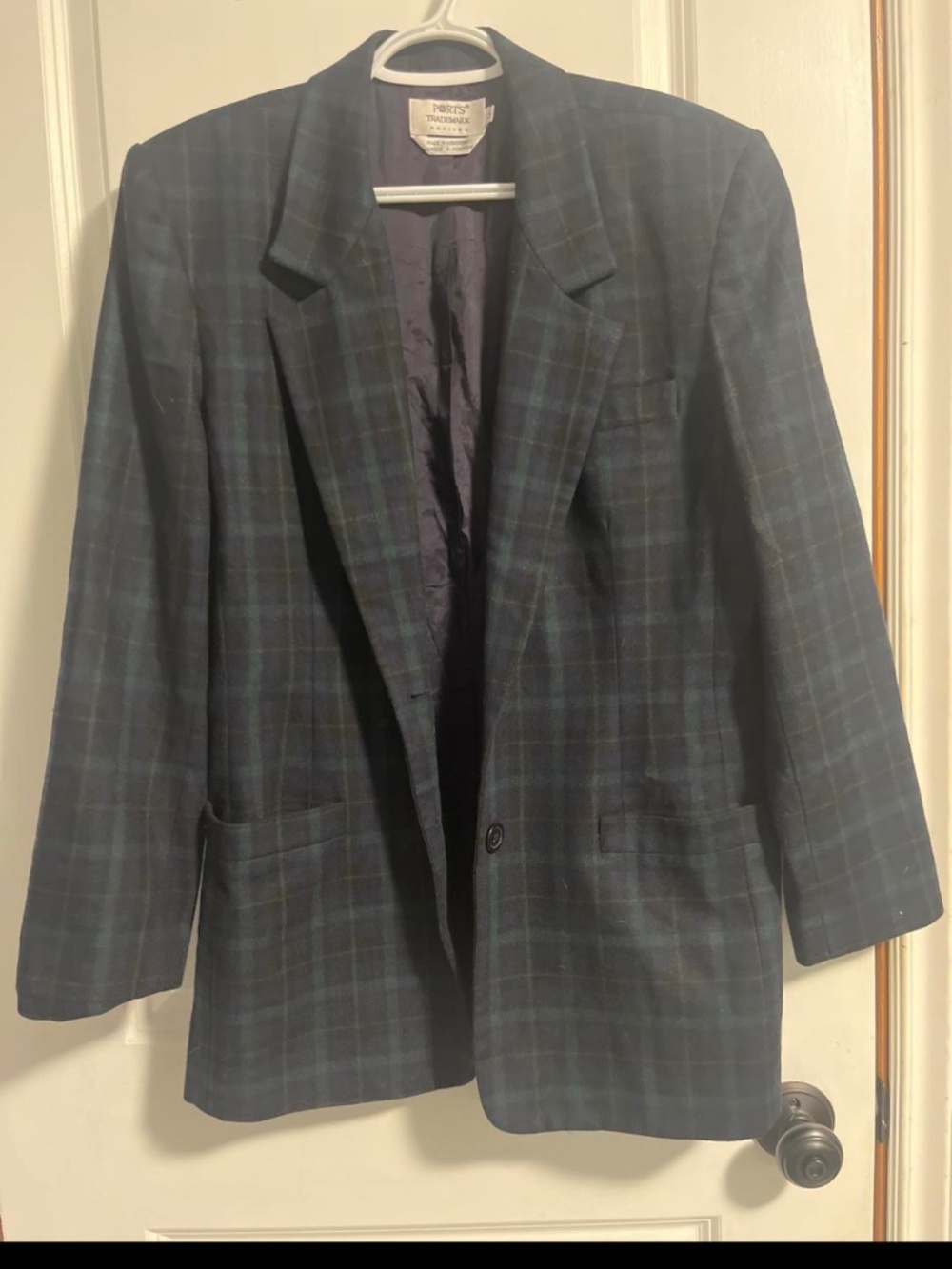 Green blue and black wool blend plaid boyfriend blazer
